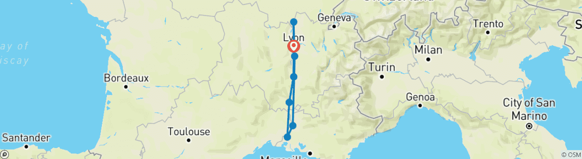 Image of a map showing the route of the tour