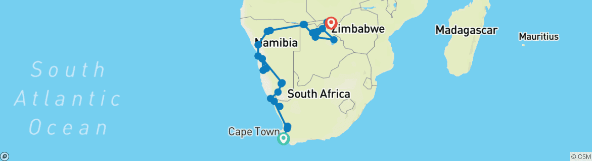 Image of a map showing the route of the tour