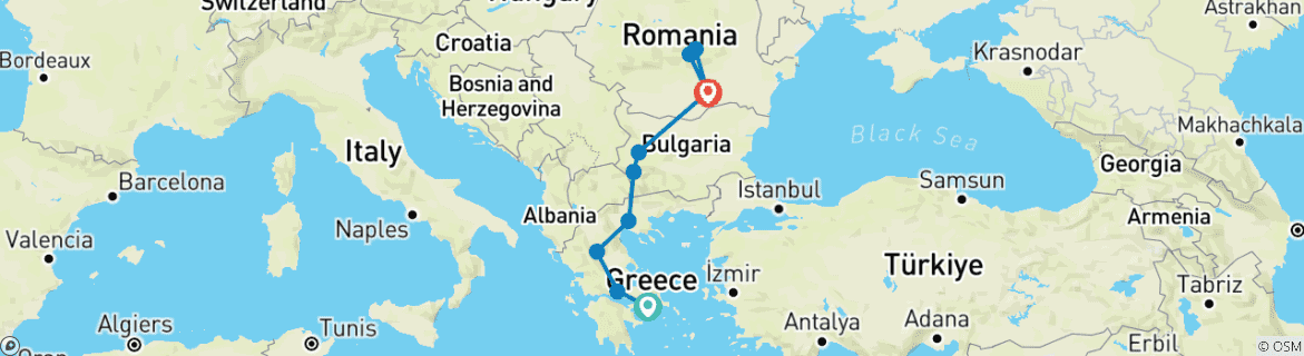 Image of a map showing the route of the tour