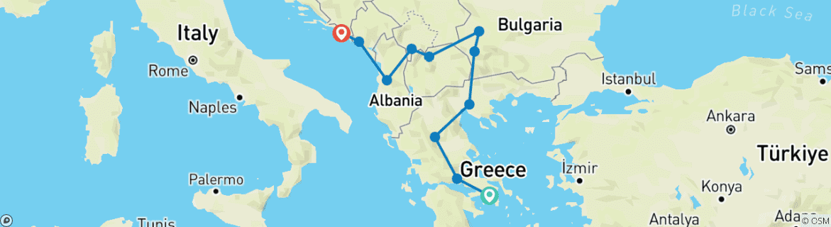 Image of a map showing the route of the tour
