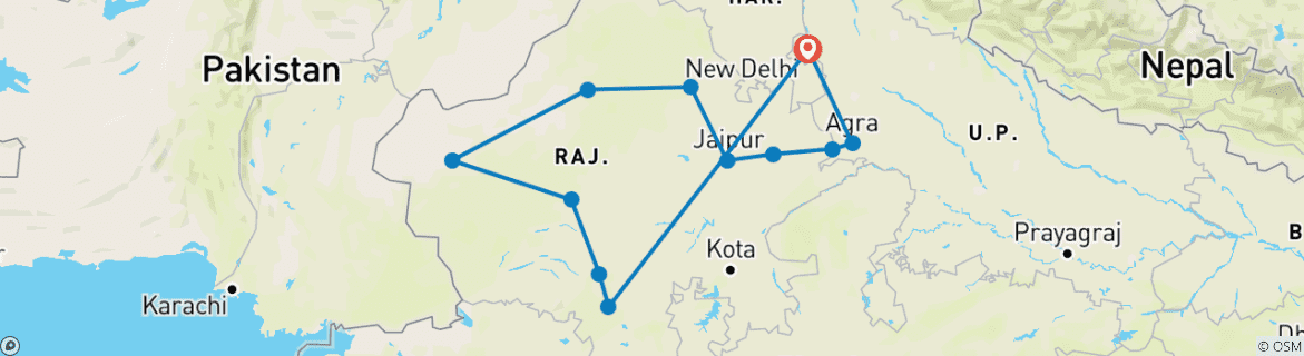 Image of a map showing the route of the tour