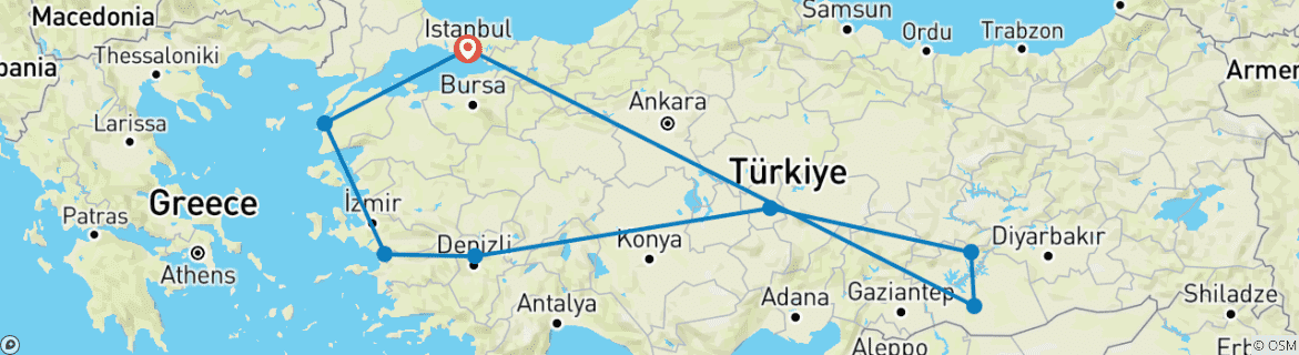 Image of a map showing the route of the tour