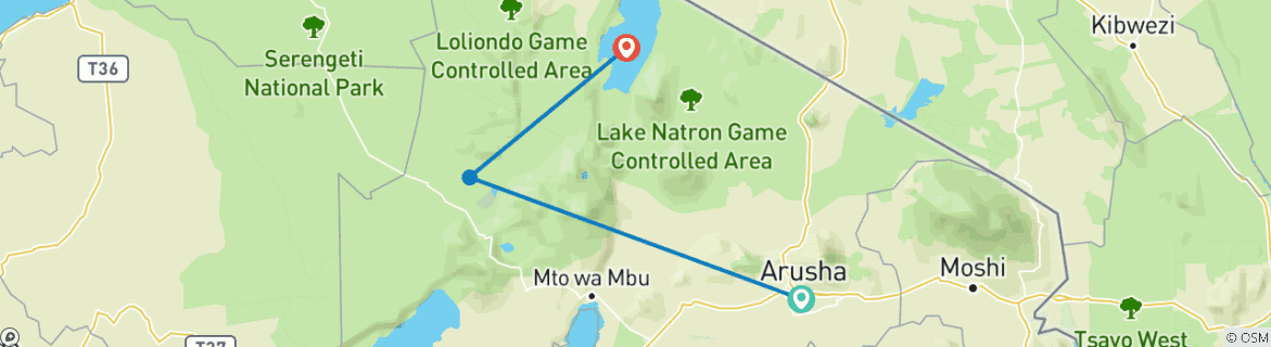 Image of a map showing the route of the tour