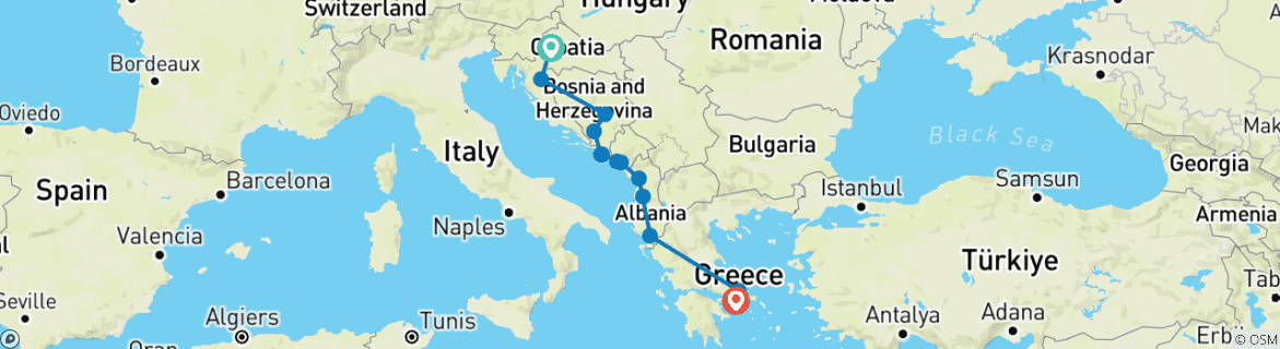 Image of a map showing the route of the tour