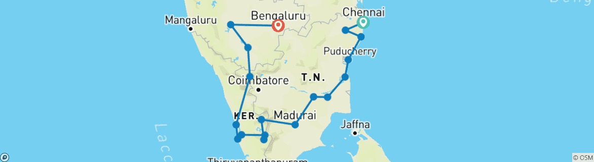 Image of a map showing the route of the tour