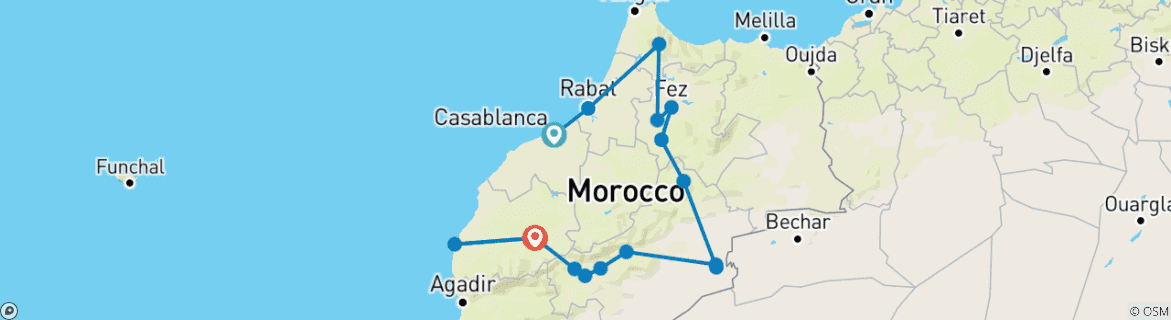 Image of a map showing the route of the tour
