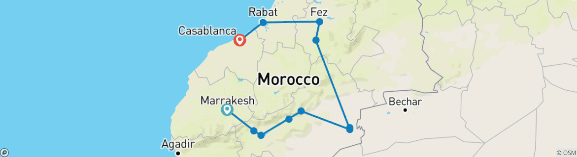 Image of a map showing the route of the tour