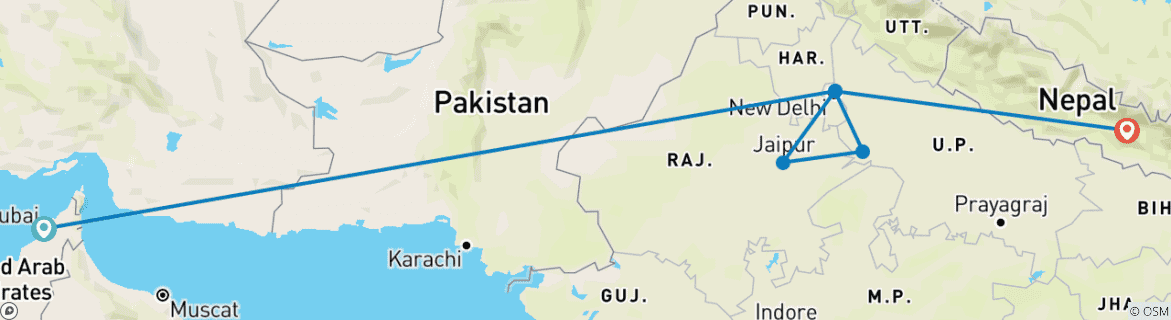 Image of a map showing the route of the tour