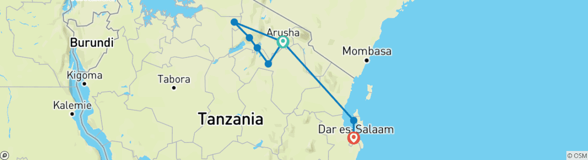 Image of a map showing the route of the tour