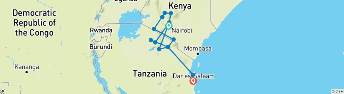 Image of a map showing the route of the tour