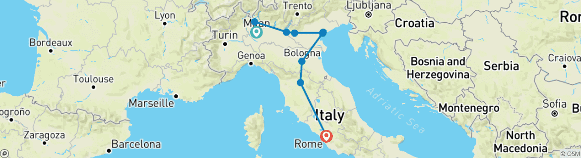 Image of a map showing the route of the tour