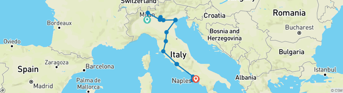 Image of a map showing the route of the tour