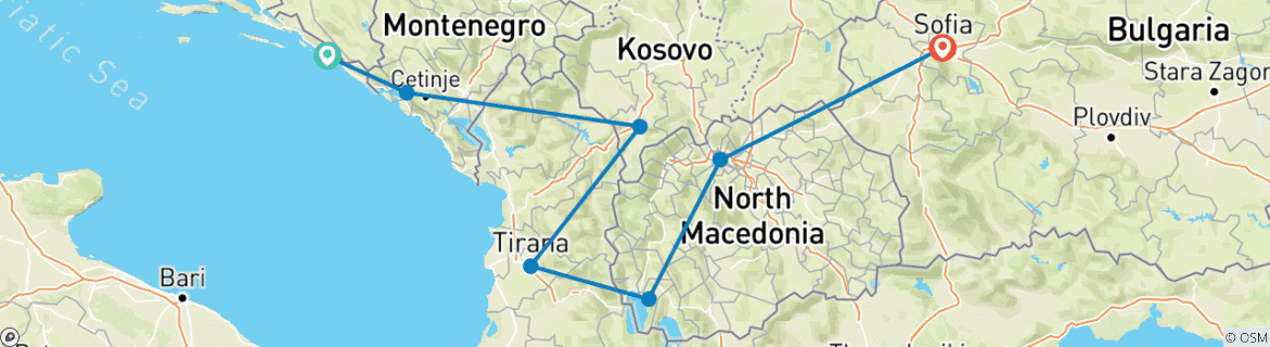 Image of a map showing the route of the tour