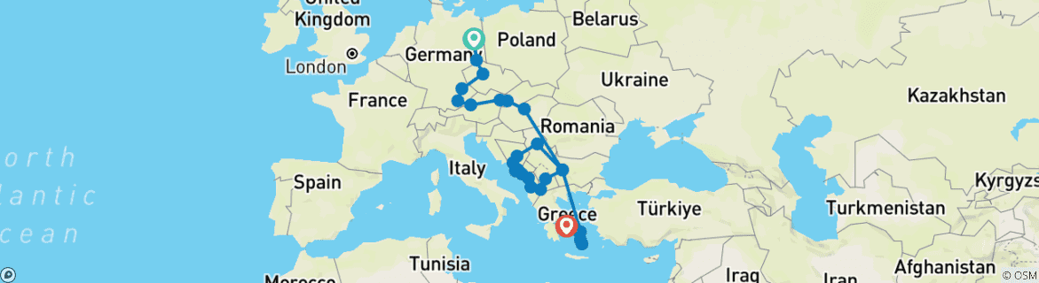 Image of a map showing the route of the tour