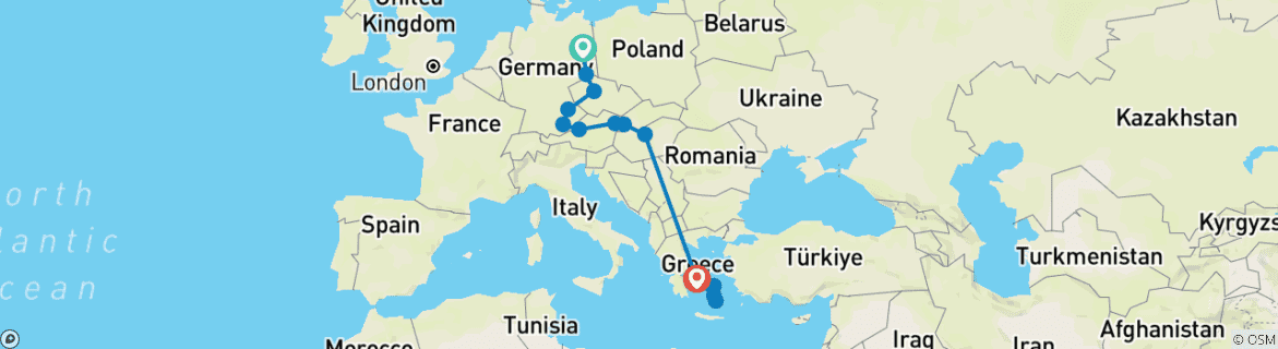 Image of a map showing the route of the tour