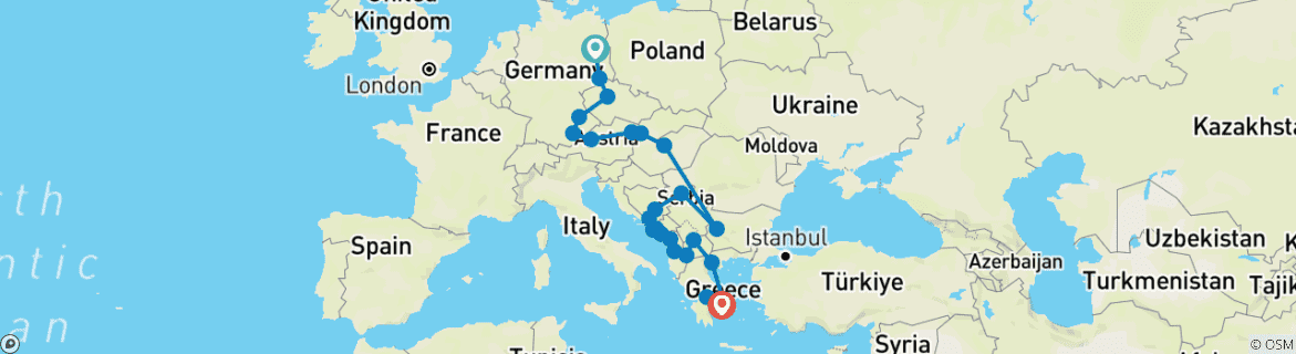 Image of a map showing the route of the tour