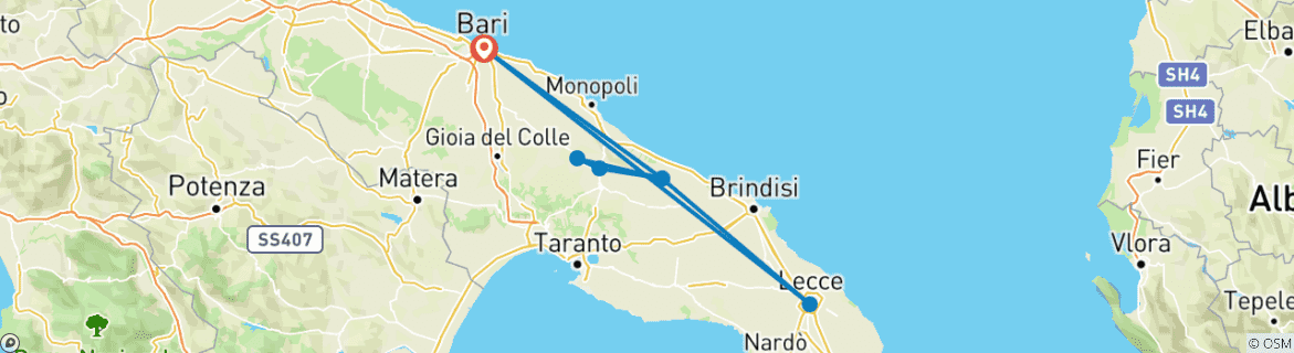Image of a map showing the route of the tour