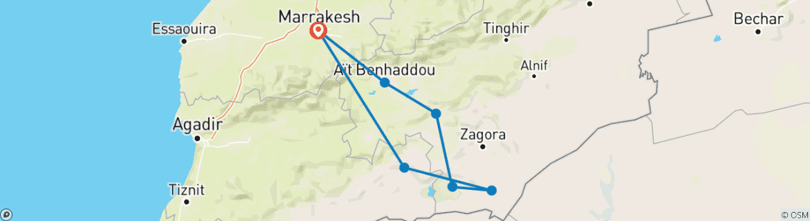 Kaart van 3-Daags Marrakech naar Erg Chegaga woestijnavontuur