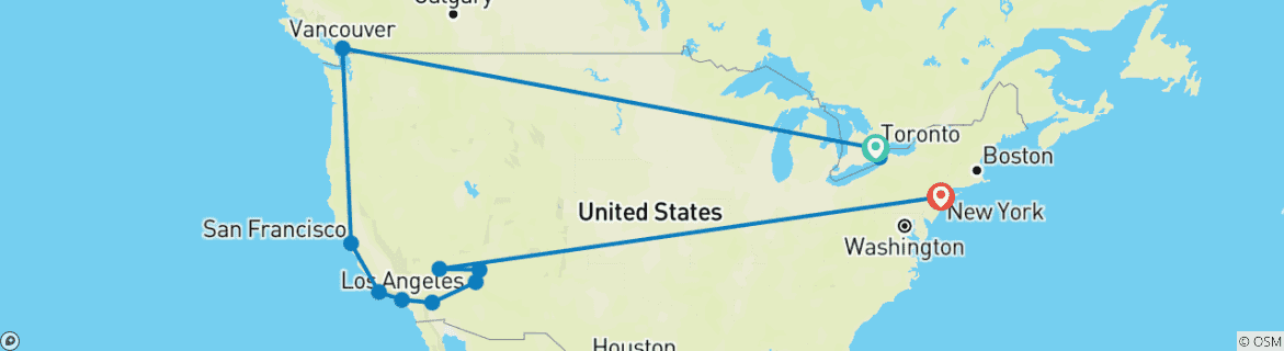 Image of a map showing the route of the tour