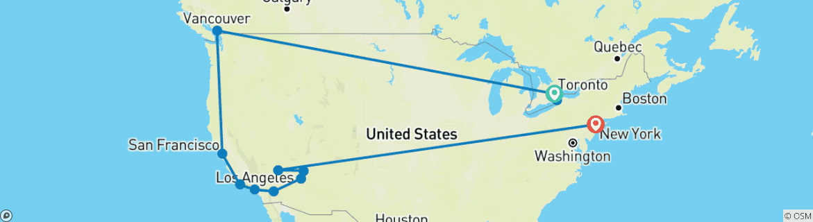 Image of a map showing the route of the tour