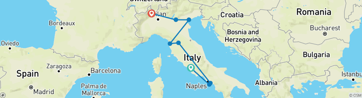 Image of a map showing the route of the tour