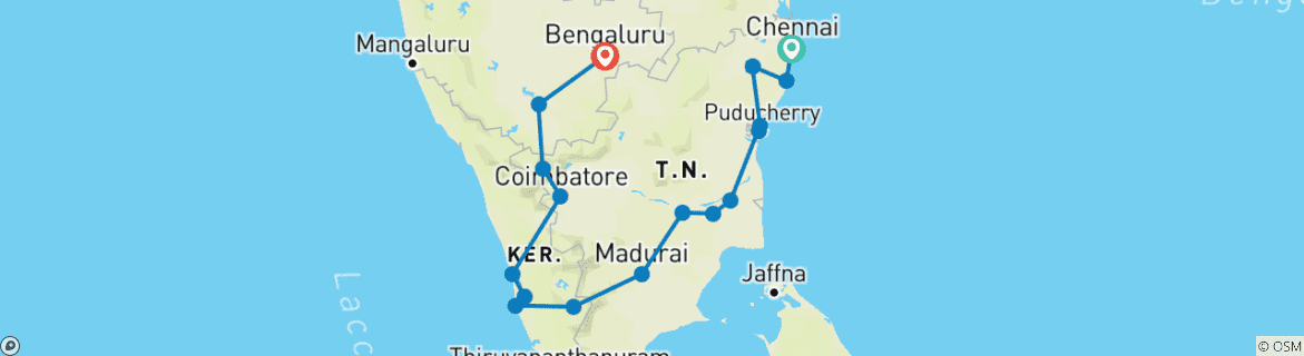 Image of a map showing the route of the tour