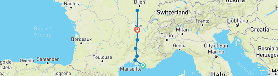 Image of a map showing the route of the tour