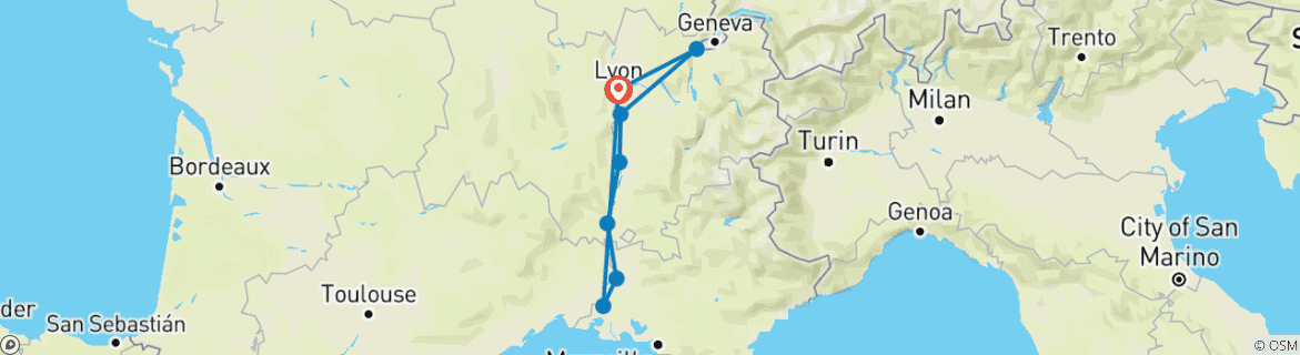 Image of a map showing the route of the tour