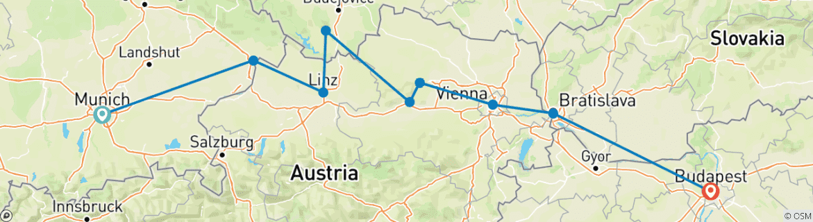 Image of a map showing the route of the tour