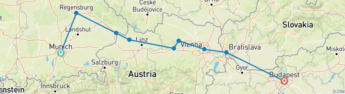Image of a map showing the route of the tour