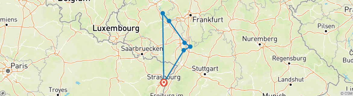 Image of a map showing the route of the tour
