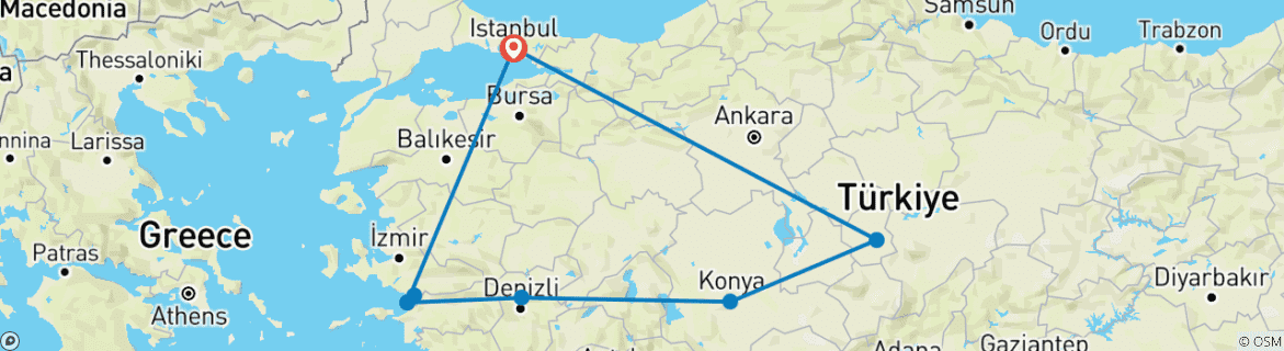 Image of a map showing the route of the tour