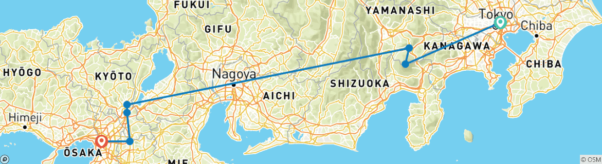 Image of a map showing the route of the tour