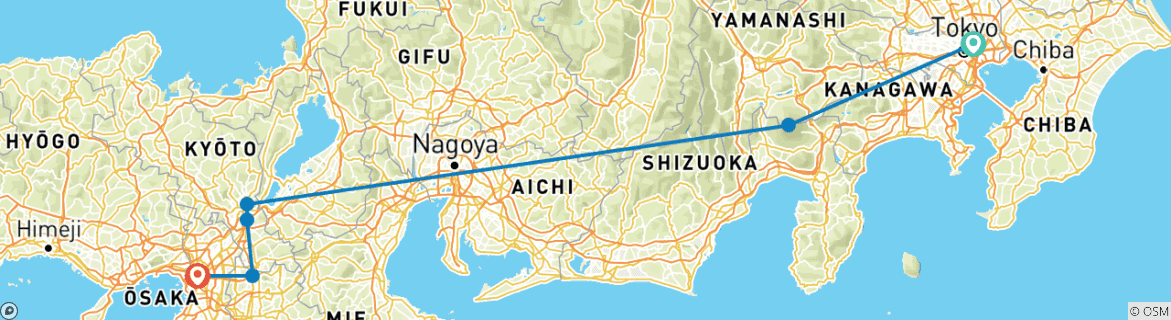 Image of a map showing the route of the tour