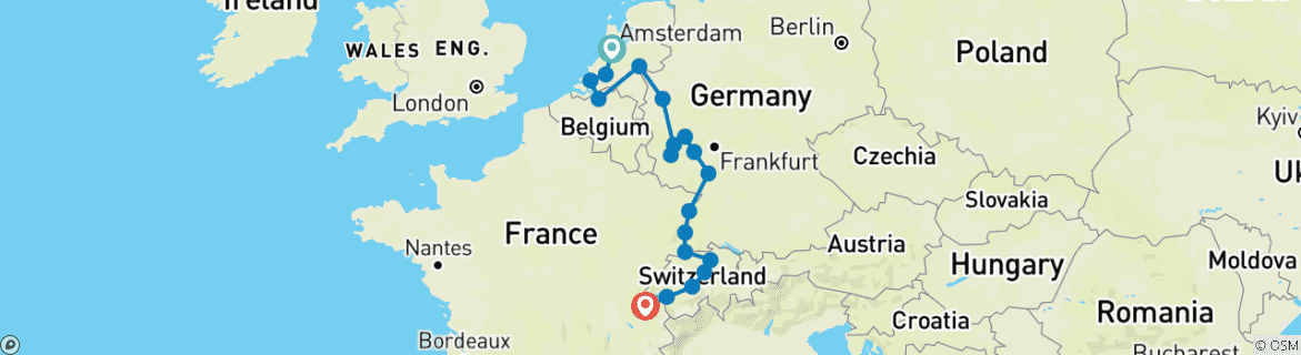 Image of a map showing the route of the tour