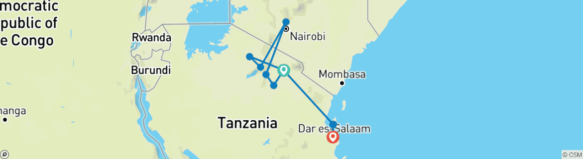 Image of a map showing the route of the tour