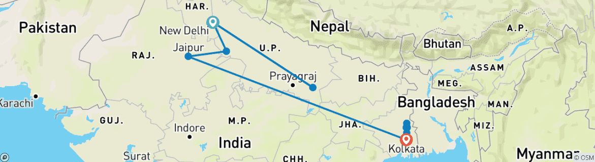 Image of a map showing the route of the tour