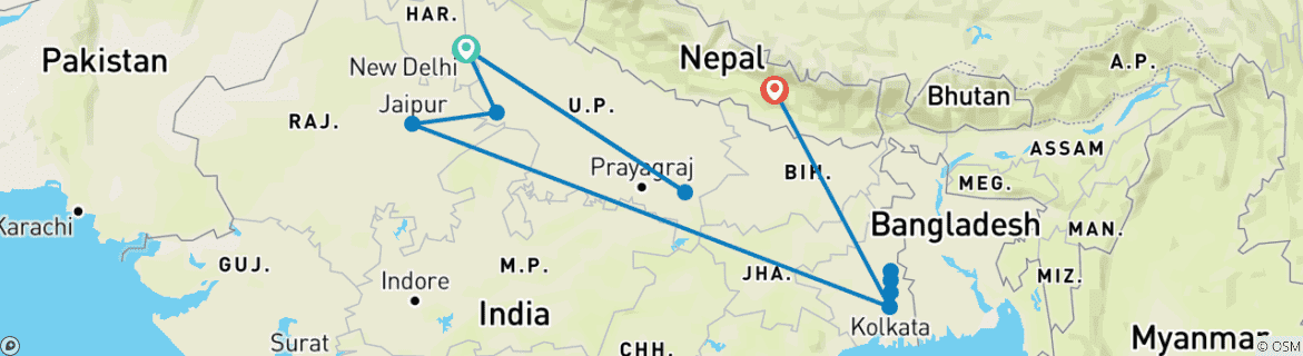 Image of a map showing the route of the tour