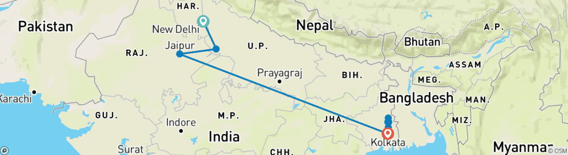 Image of a map showing the route of the tour