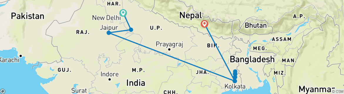 Image of a map showing the route of the tour