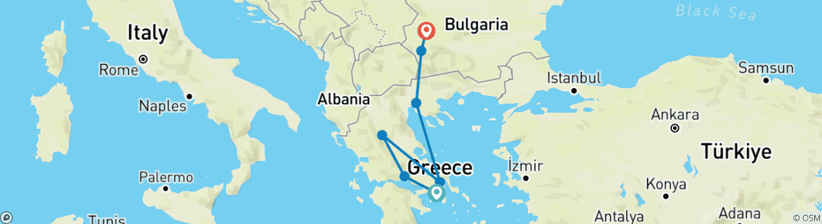 Image of a map showing the route of the tour