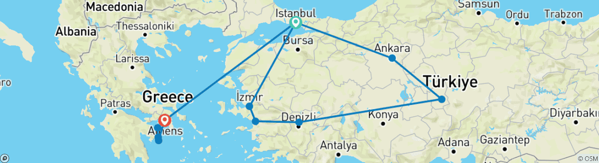 Image of a map showing the route of the tour