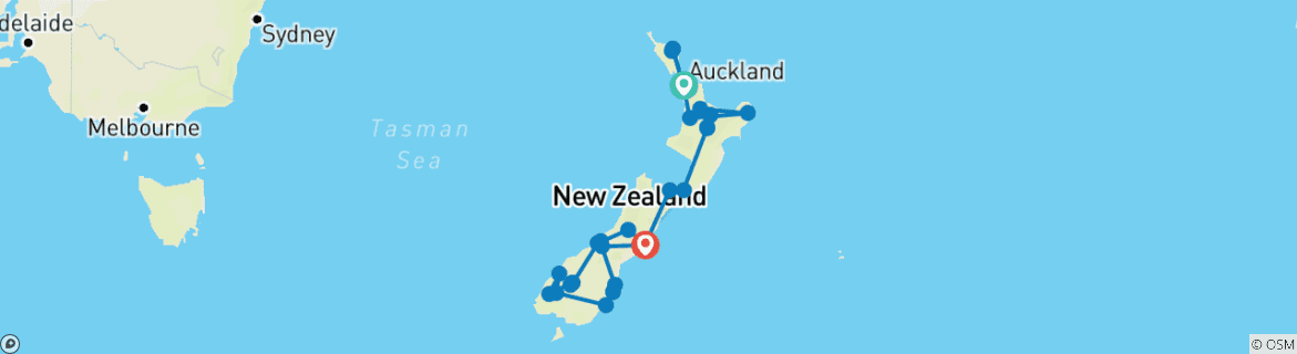 Image of a map showing the route of the tour