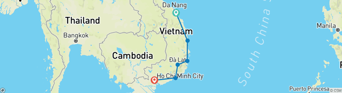 Carte du circuit Cyclisme sur la côte du Vietnam : Hoian à Saigon 7 jours