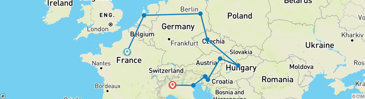 Image of a map showing the route of the tour