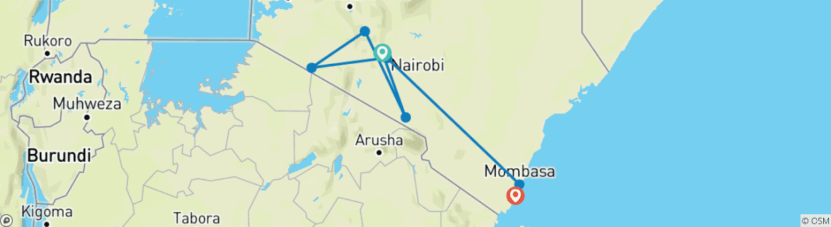 Image of a map showing the route of the tour