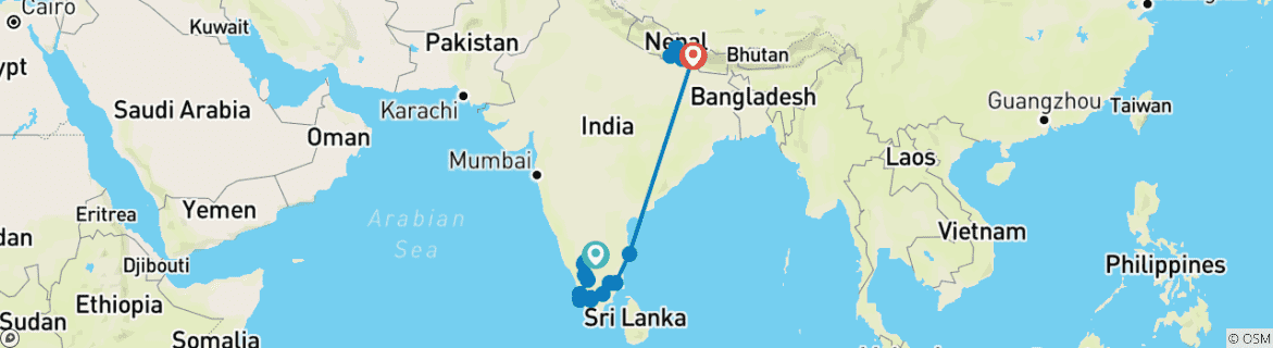 Kaart van Zuid-India met Nepal