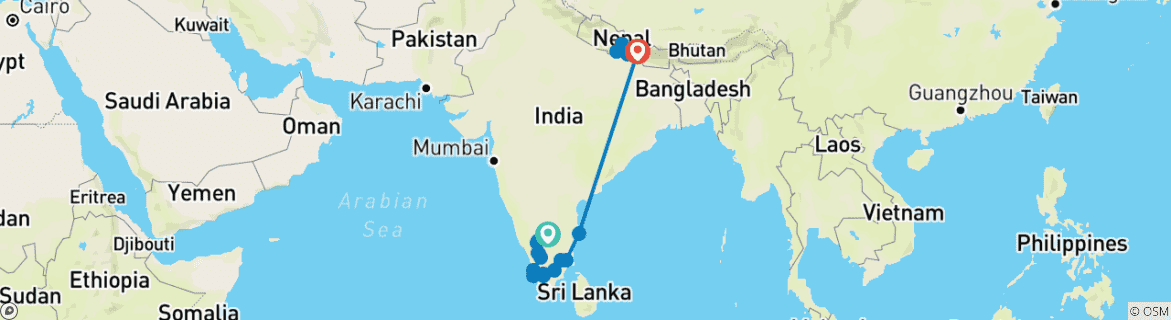 Kaart van Luxe Zuid-India met Nepal