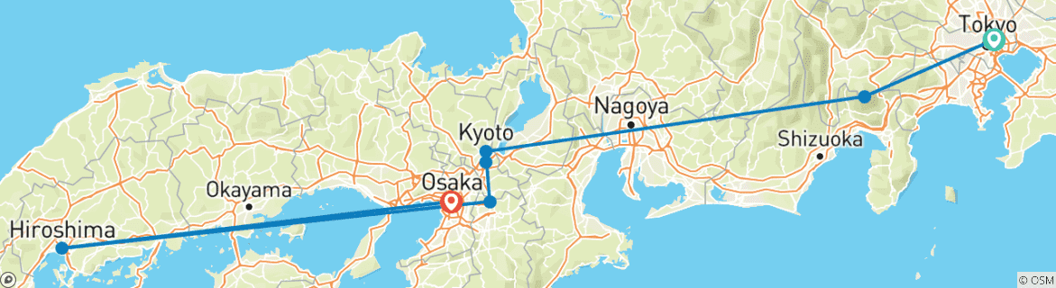 Image of a map showing the route of the tour