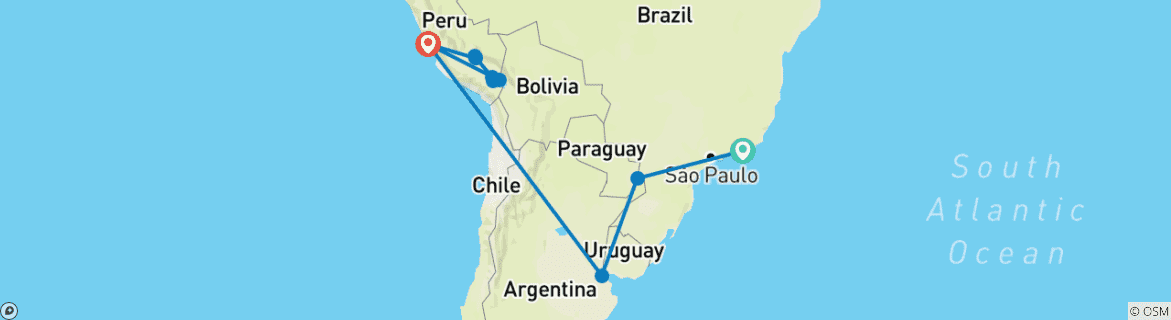 Image of a map showing the route of the tour